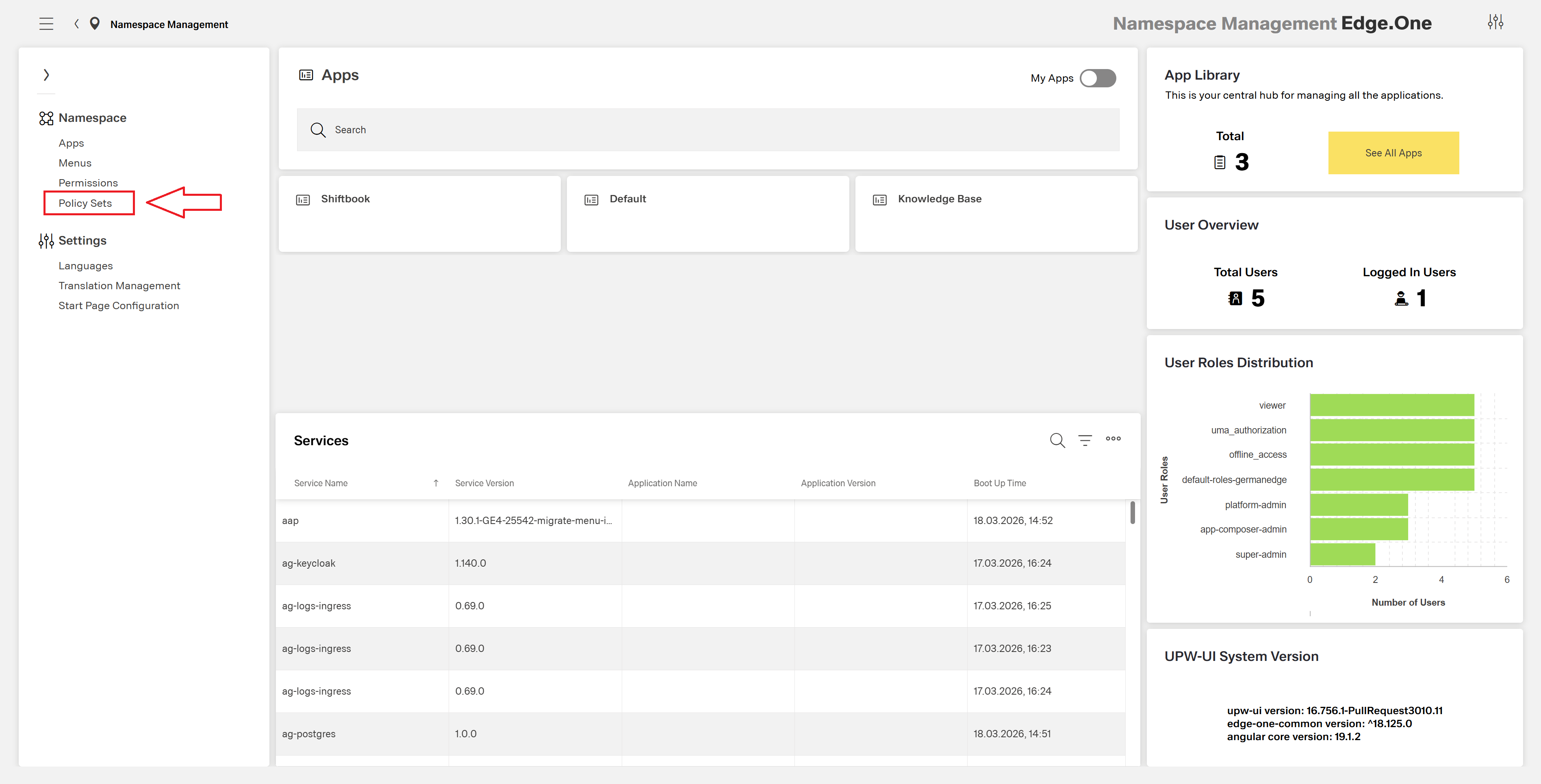 Configuring policy sets in namespace management