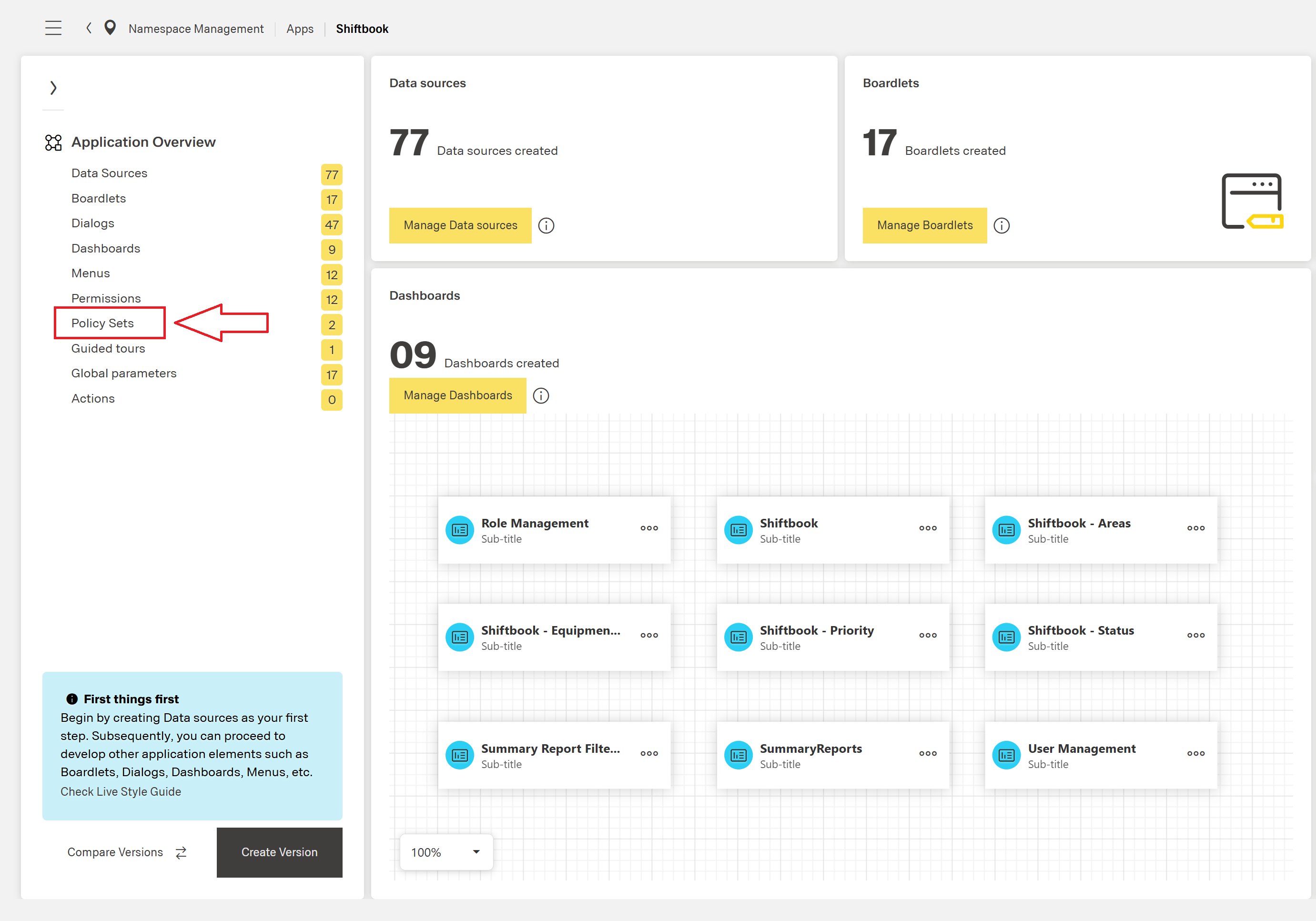 Configuring policy sets in application composer