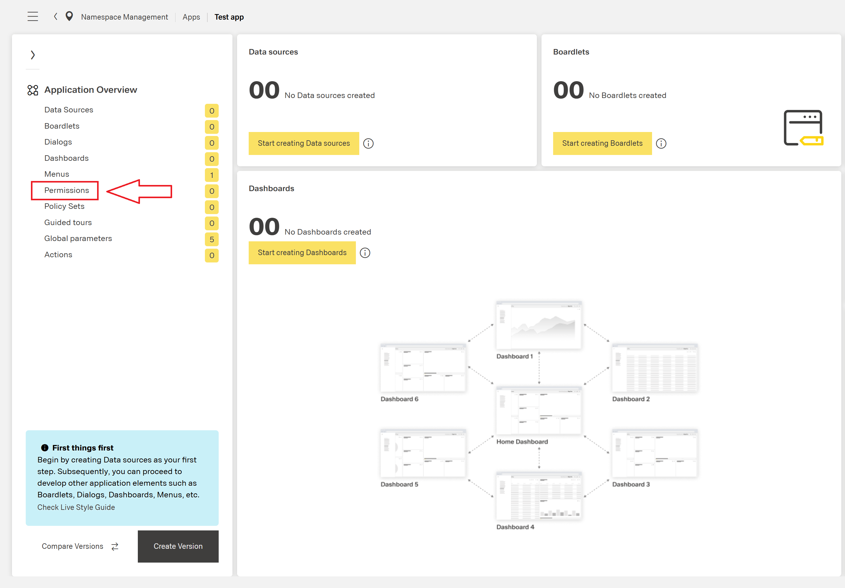 Permissions view in application composer