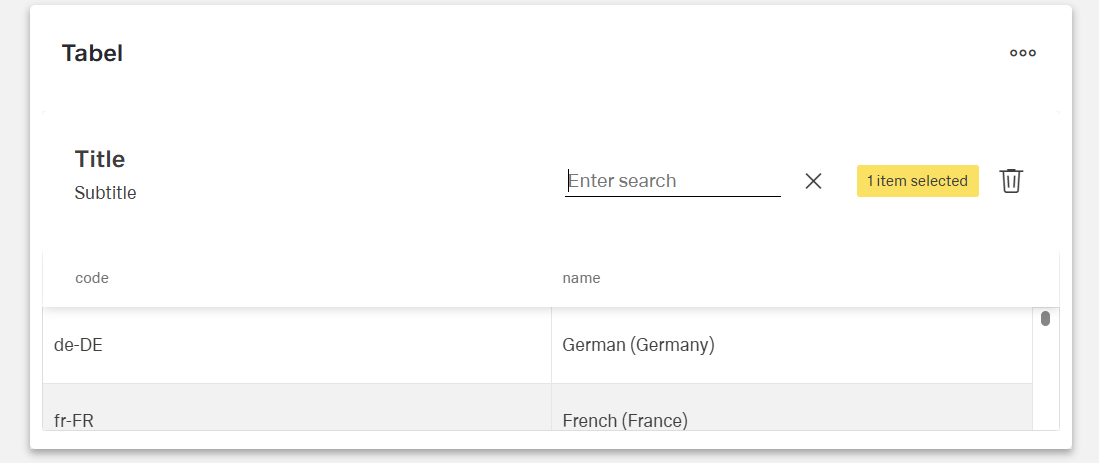 Header with title, subtitle, selected item and activated search